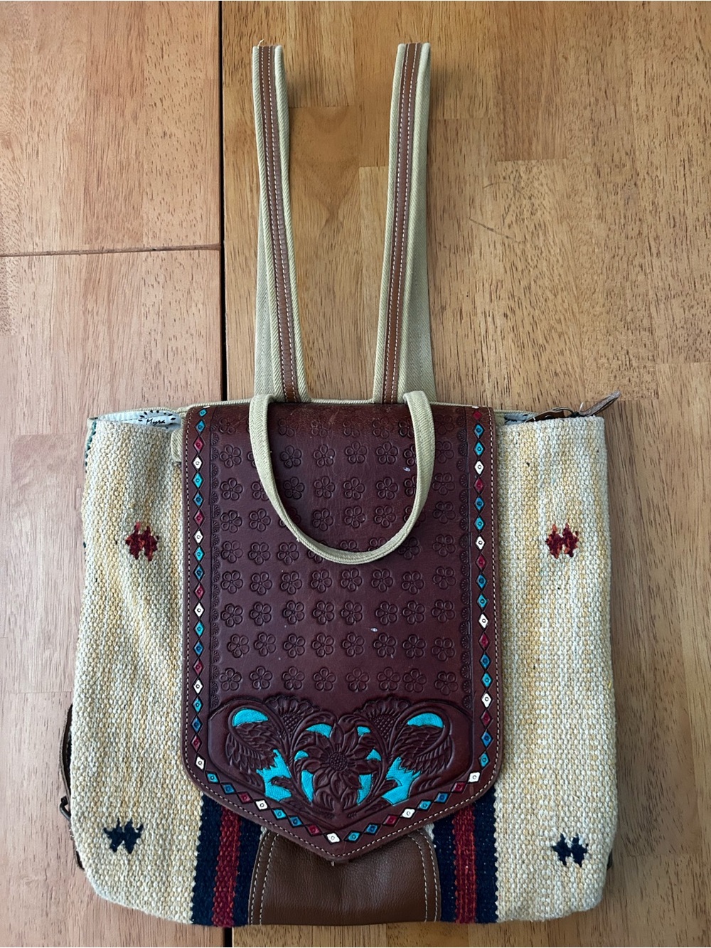 Myra Bohemian Woven Bag with Brown Embossed leather flap